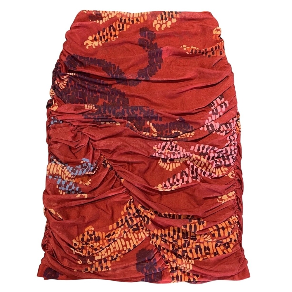 Farm Rio x Anthropologie Ruched Mesh Mini Skirt Abstract Bodycon High Waisted